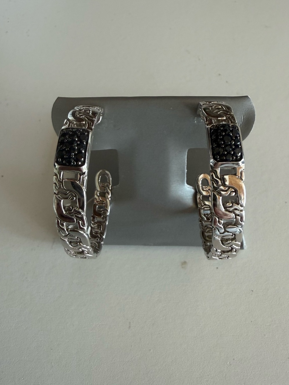 John Hardy Carved Chain Sterling Silver Hoop Earrings with black spinel